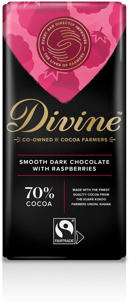 Hořká čokoláda s malinami 70 % Divine 90 g